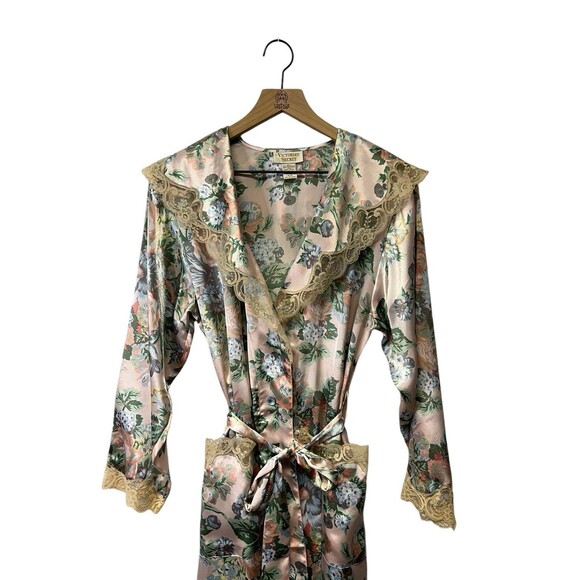 VICTORIA'S SECRET Vintage 90s Gold Label Long Satin Robe Belted Floral Lace SM - Picture 2 of 12